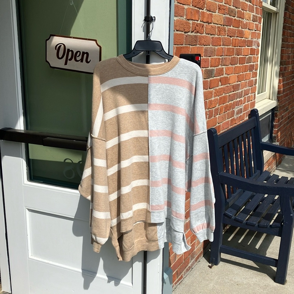 Free People Tan and Gray Striped Sweater